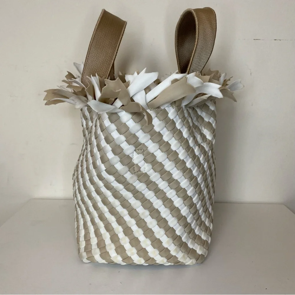 NAGHEDI Havana Small Woven Neoprene Tote Fringe Crossbody Striped Almaza Tan - Picture 7 of 15